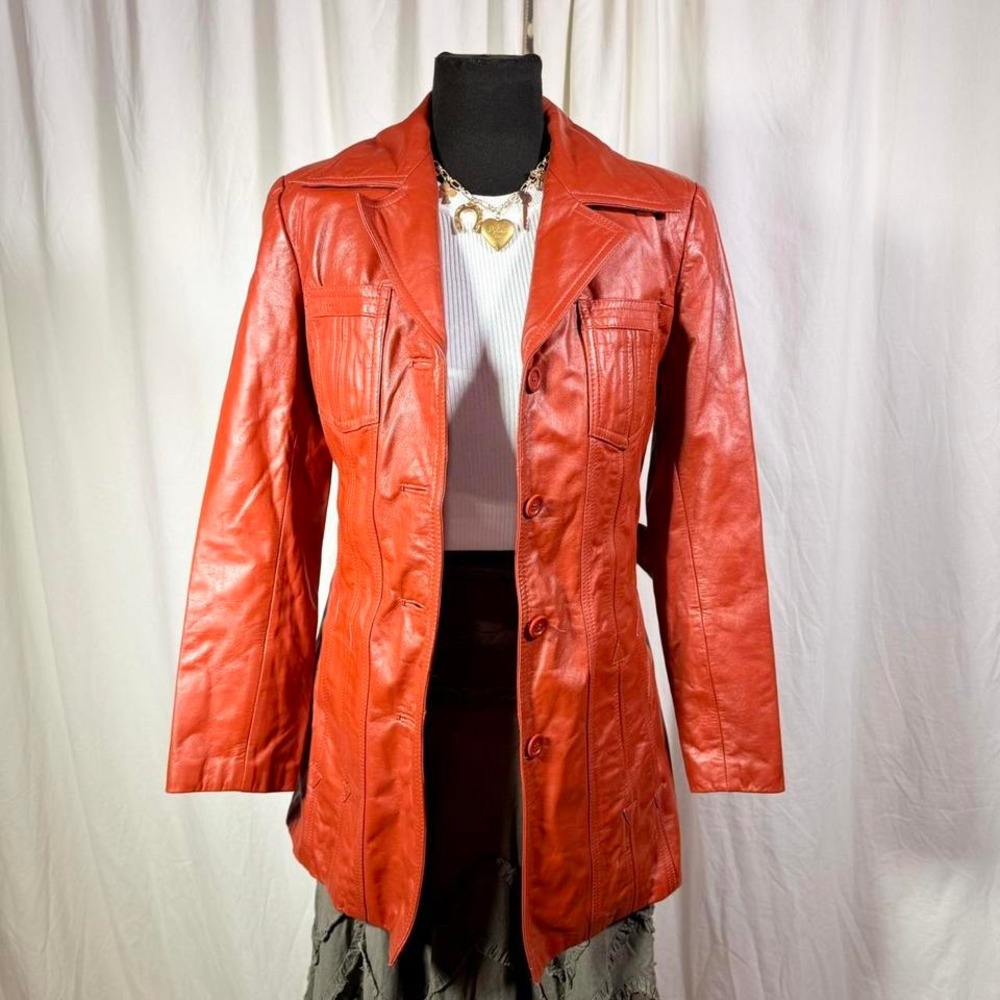 Vintage 70s Rust Faux-Leather Belted Trench Coat – Women's S/M